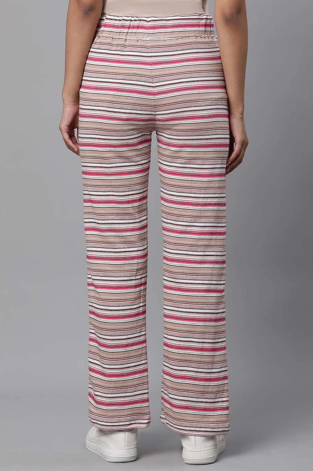 Pink Striped Printed Straight Fit Pants With Drawstring