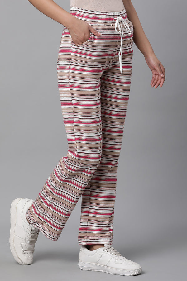 Elleven Women's Pink Striped Printed Straight Fit Pants With Drawstring