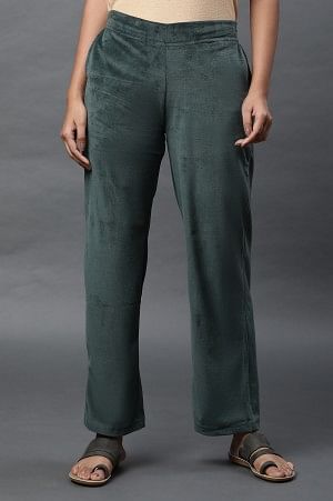 Green Solid Straight Fit Velvet Pants With Elasticated Waist