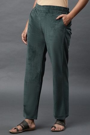 Green Solid Straight Fit Velvet Pants With Elasticated Waist
