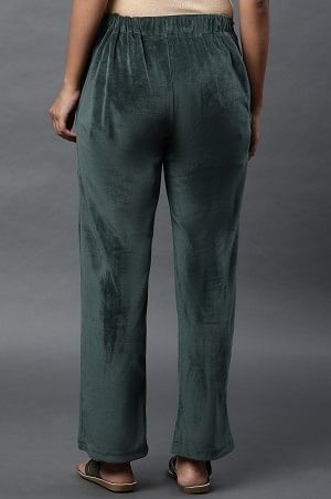 Green Solid Straight Fit Velvet Pants With Elasticated Waist