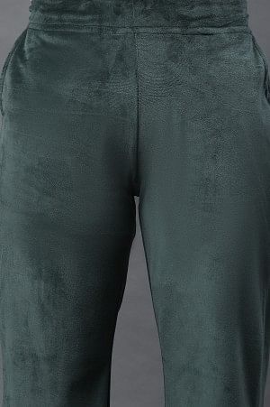 Green Solid Straight Fit Velvet Pants With Elasticated Waist