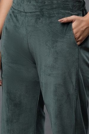 Bottle Green Velvet Straight Pants