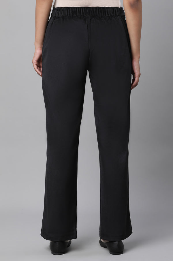 Black Solid Straight Fit Pants With Elasticated Waist