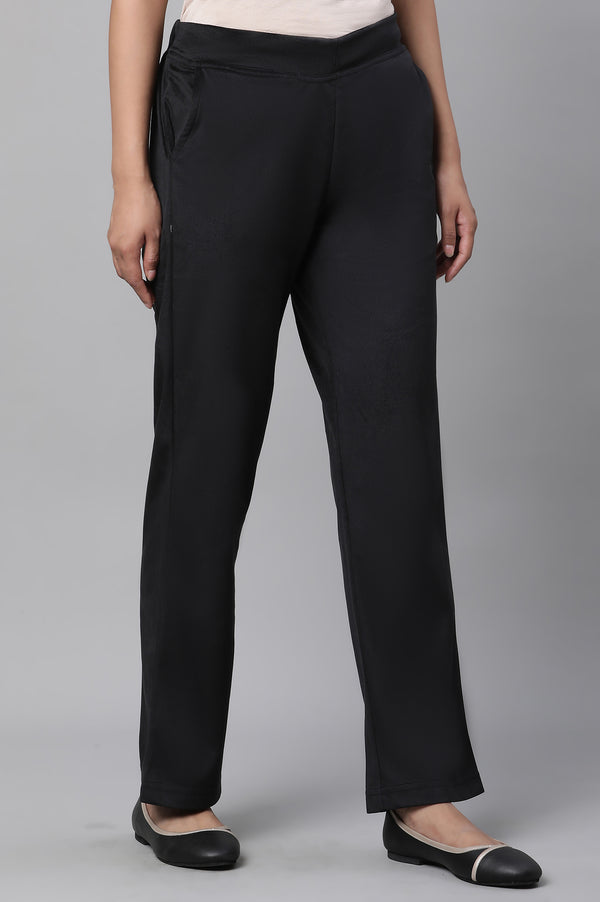 Black Solid Straight Fit Pants With Elasticated Waist