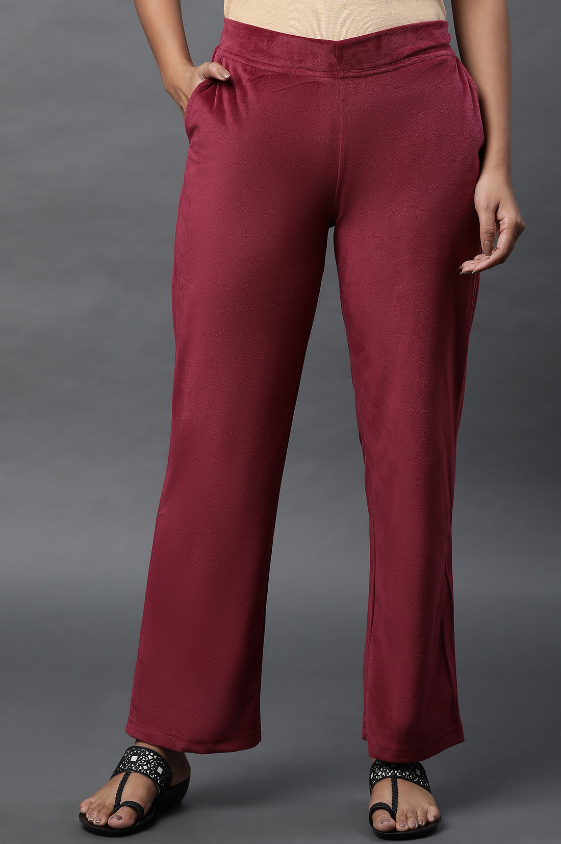 Buy Maroon Solid Straight Fit Velvet Pants With Elasticated Waist