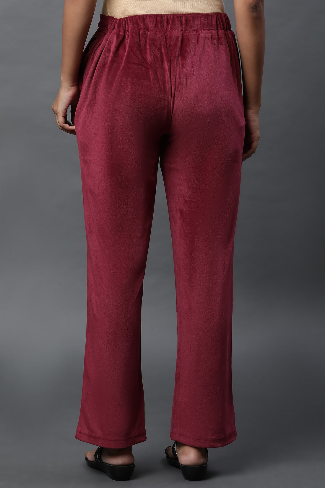 Maroon Solid Straight Fit Velvet Pants With Elasticated Waist