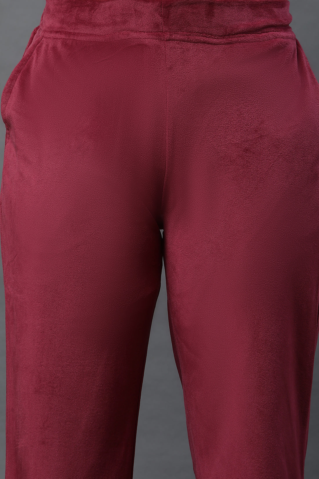 Maroon Solid Straight Fit Velvet Pants With Elasticated Waist