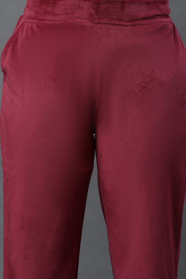 Maroon Solid Straight Fit Velvet Pants With Elasticated Waist