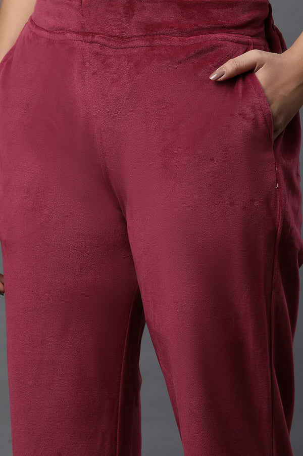 Maroon Solid Straight Fit Velvet Pants With Elasticated Waist