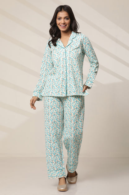 White and Blue Floral Printed Top and Palazzo lounge Wear Set