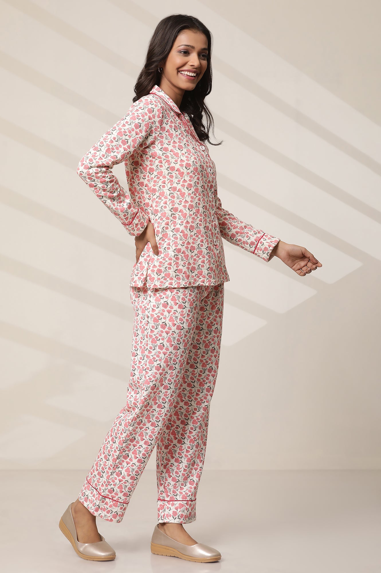 White and Pink Floral Printed Top and Palazzo lounge Wear Set