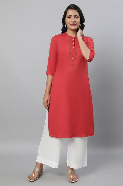 Red Cotton Flax Casual kurta