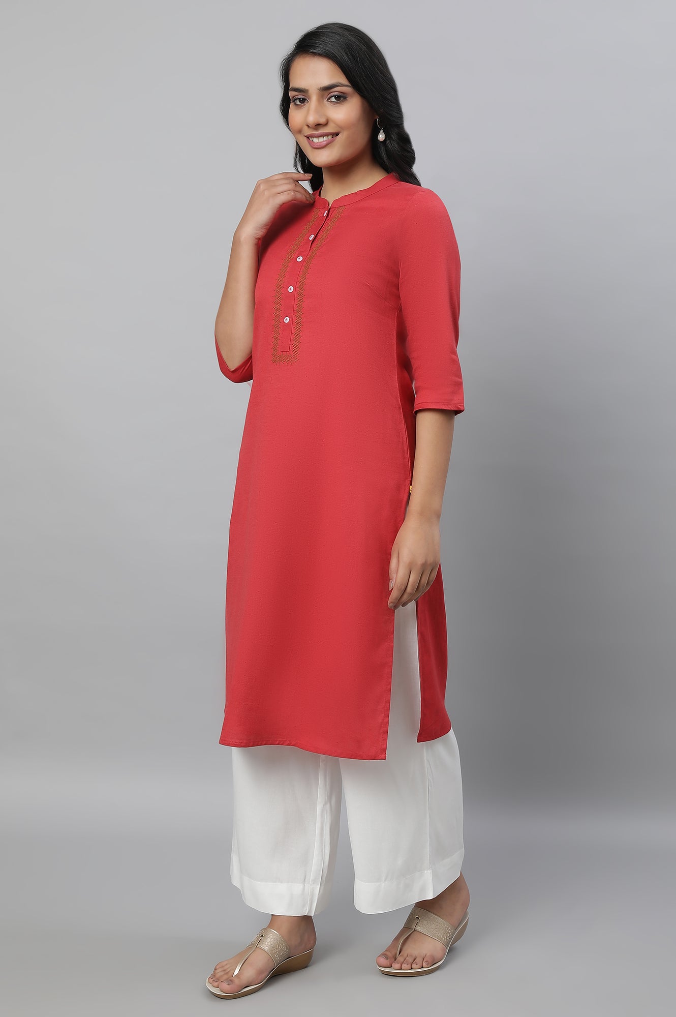 Red Cotton Flax Casual kurta