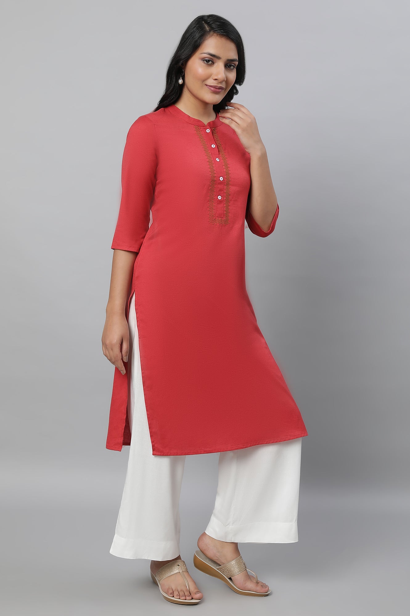 Red Cotton Flax Casual kurta