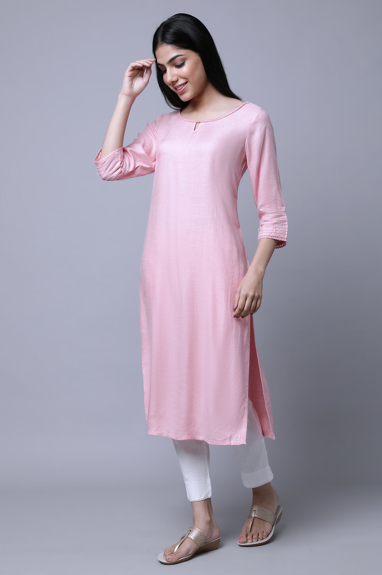 Pink Round Neck Casual kurta