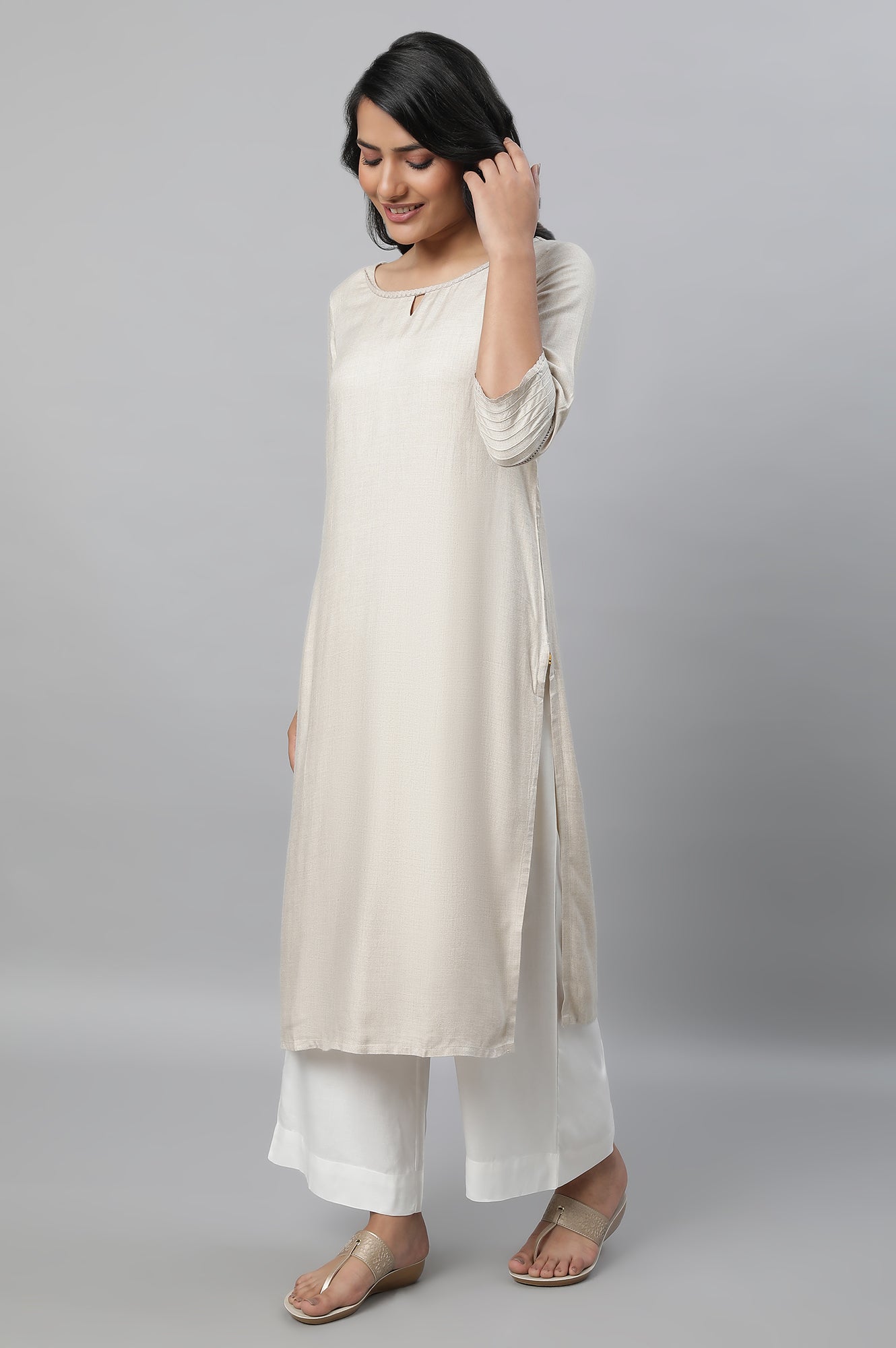 Beige Round Neck Casual Kurta