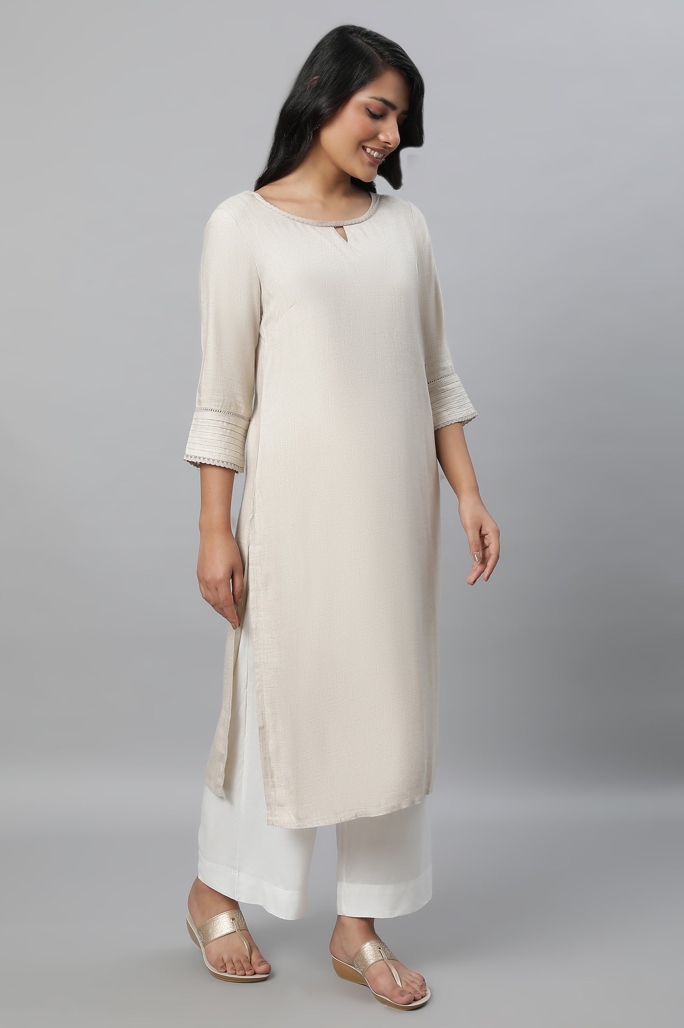 Beige Round Neck Casual Kurta