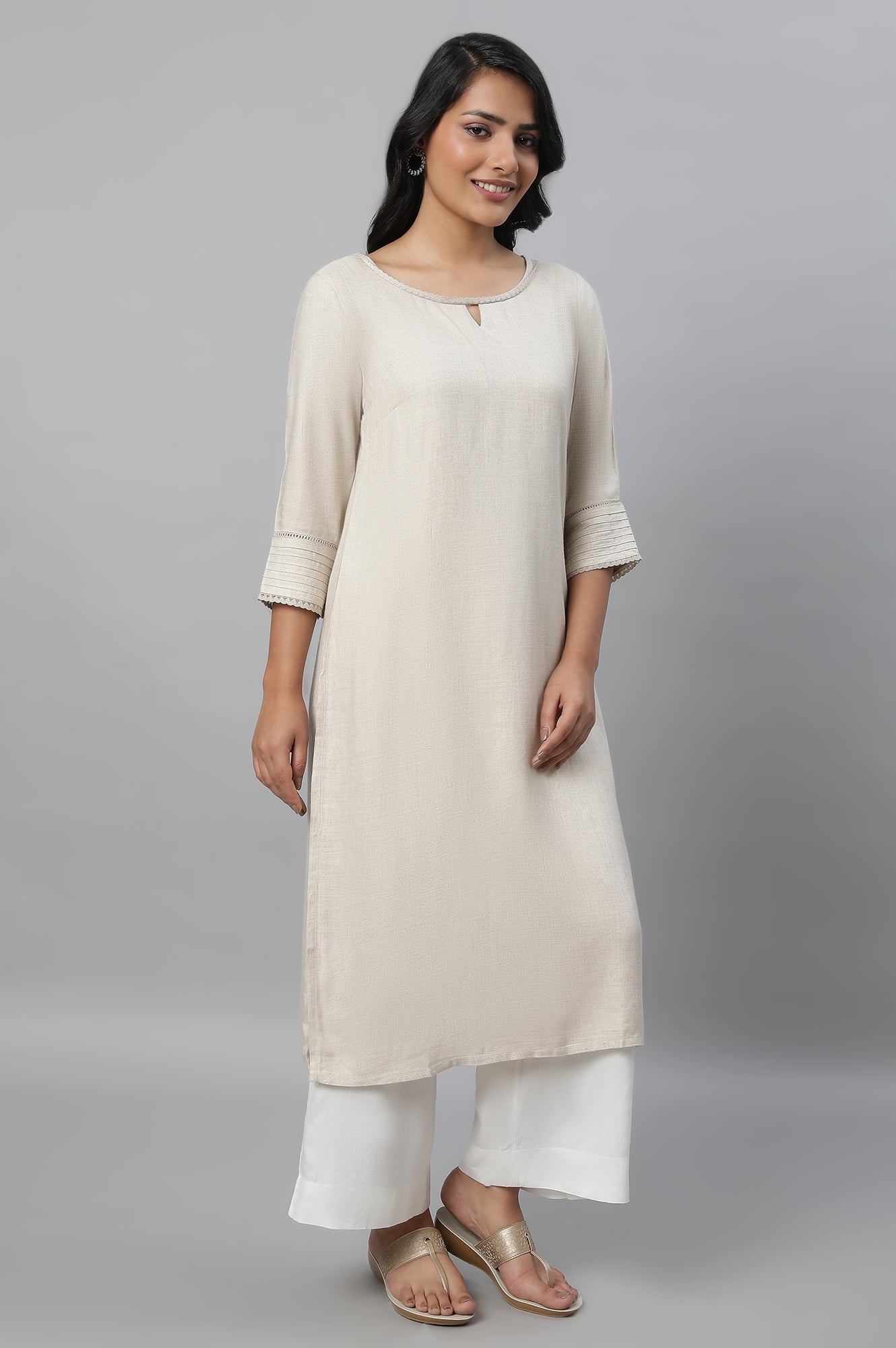 Beige Round Neck Casual Kurta