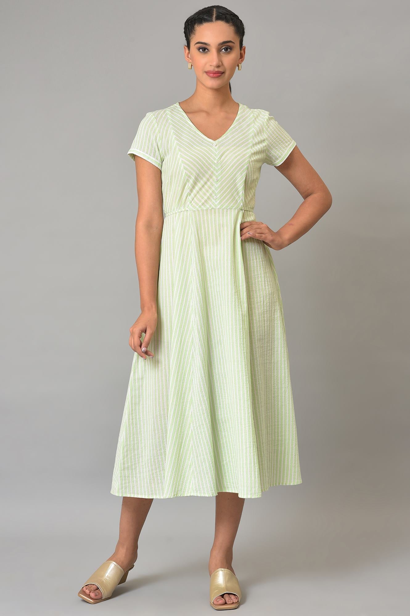 Green Stripes V-Neck Summer Dress