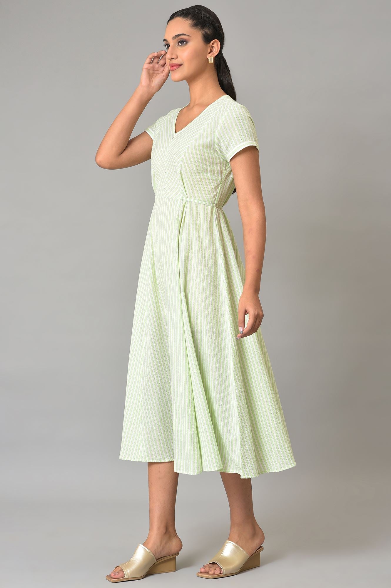 Green Stripes V-Neck Summer Dress