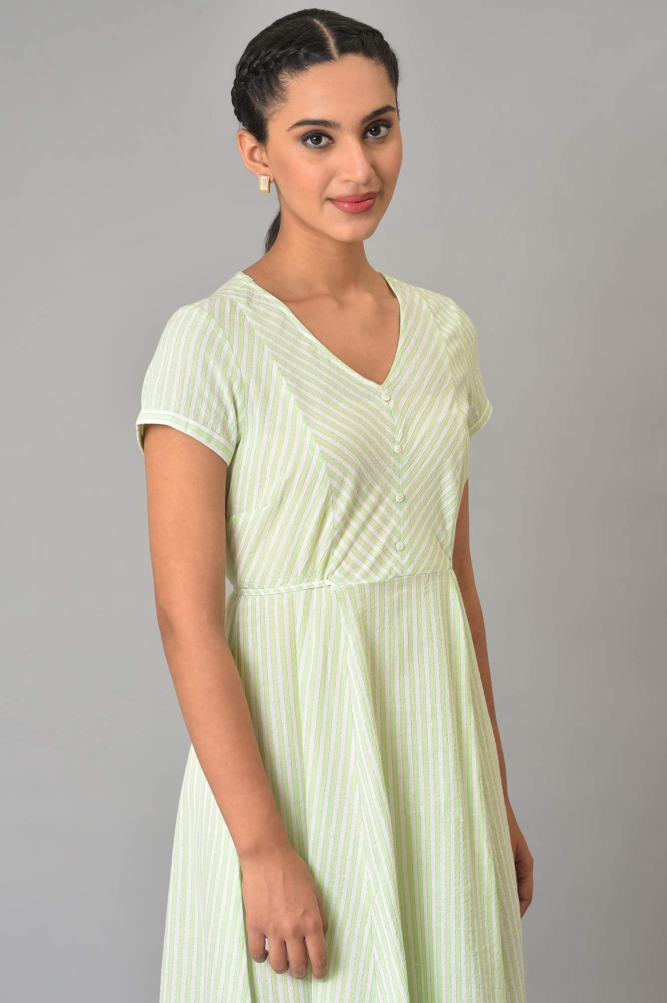 Green Stripes V-Neck Summer Dress