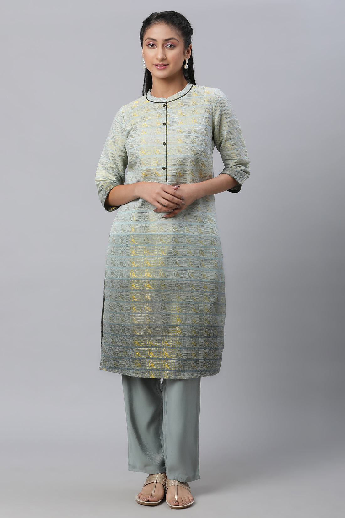 Grey Geometric Print Zari Straight Cotton Kurta