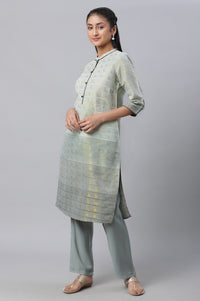 Grey Geometric Print Zari Straight Cotton Kurta