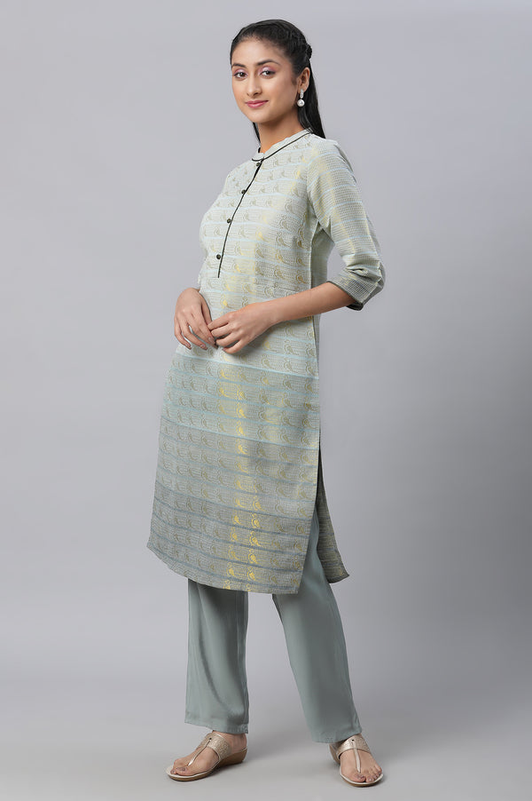 Grey Geometric Print Zari Straight Cotton Kurta