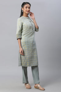 Grey Geometric Print Zari Straight Cotton Kurta