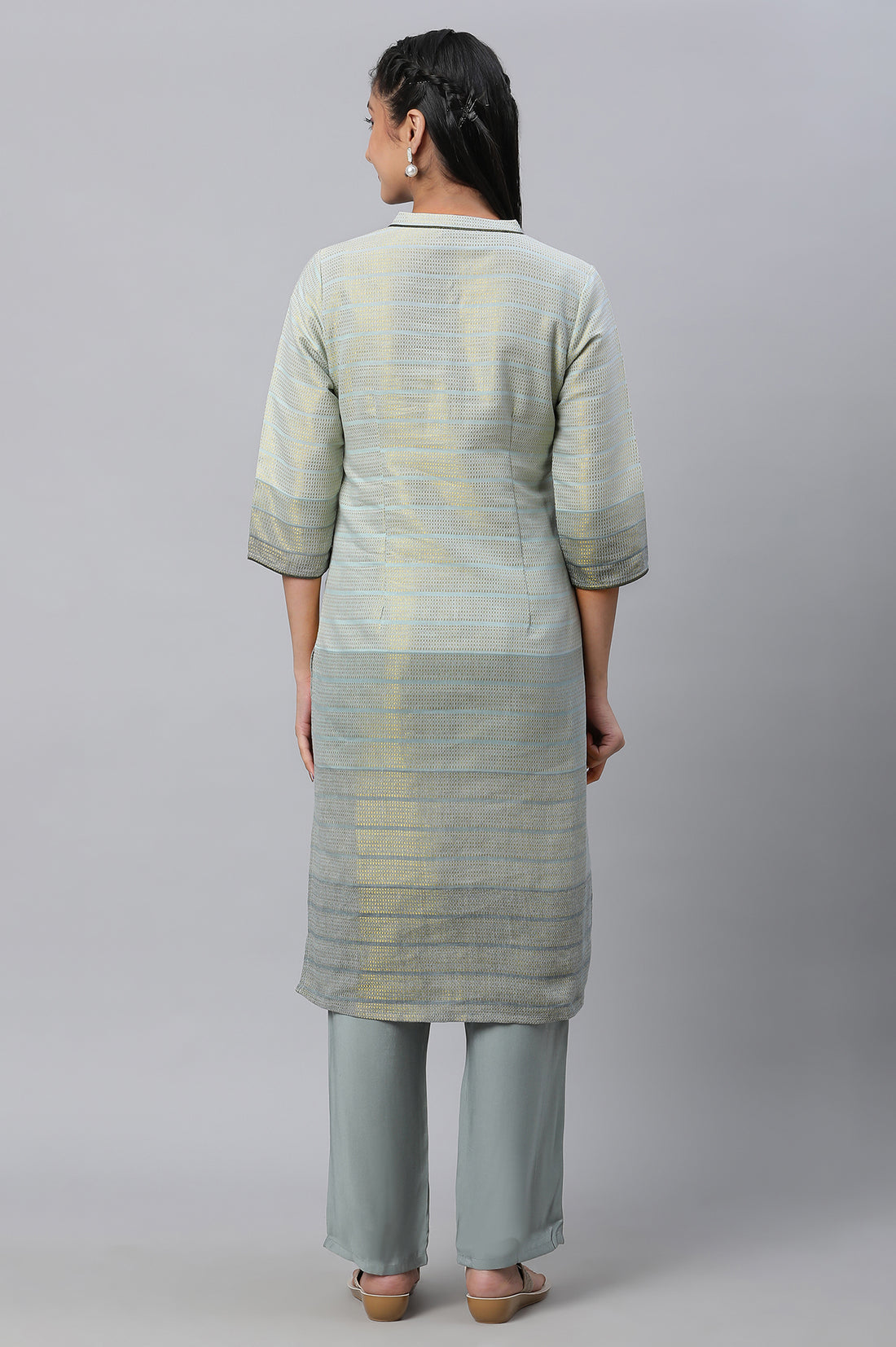 Grey Geometric Print Zari Straight Cotton Kurta