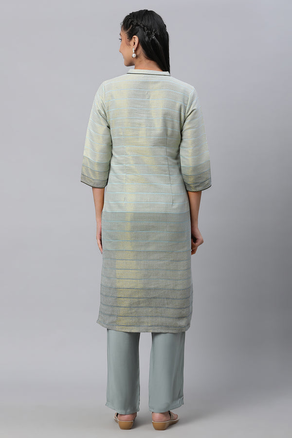 Grey Geometric Print Zari Straight Cotton Kurta
