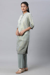 Grey Geometric Print Zari Straight Cotton Kurta