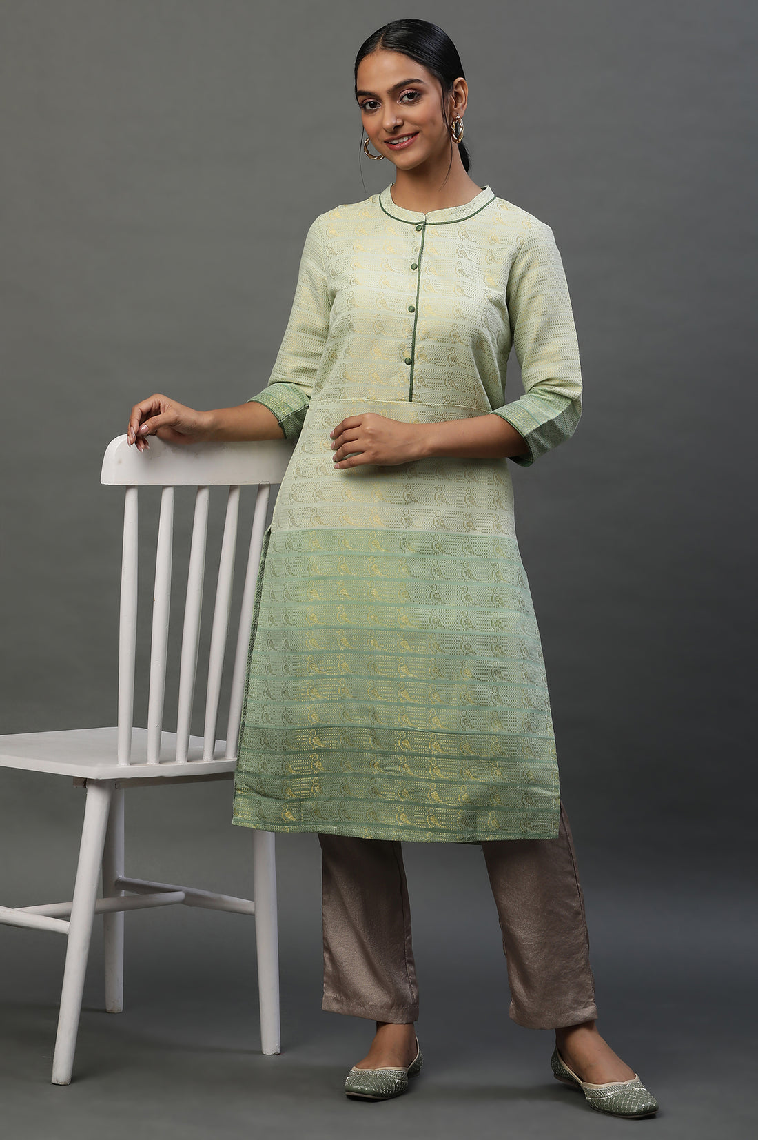 Green Geometric Print Zari Straight Cotton Kurta