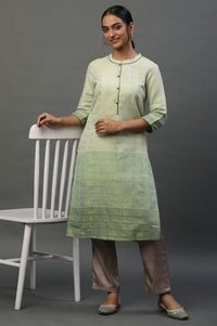 Green Geometric Print Zari Straight Cotton Kurta