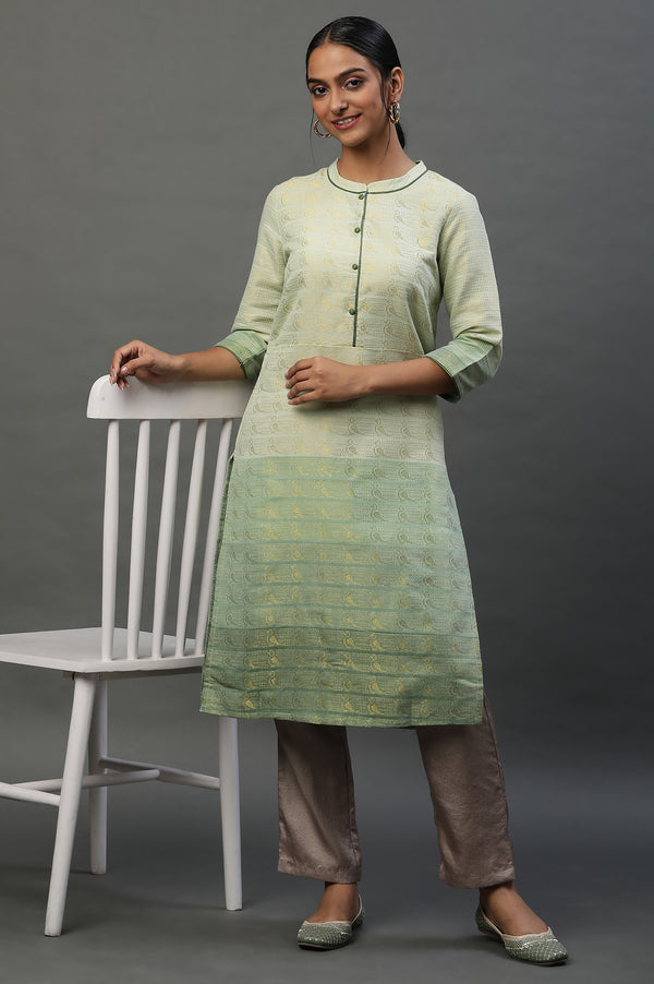 Green Geometric Print Zari Straight Cotton Kurta