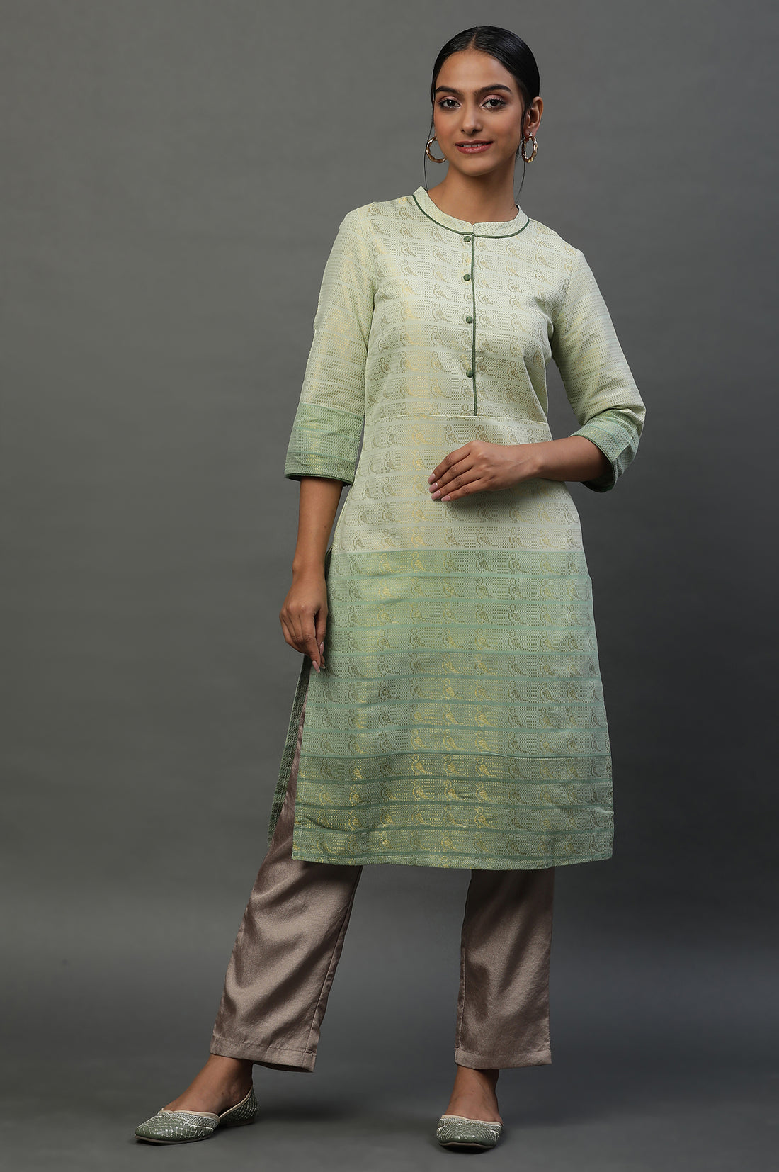 Green Geometric Print Zari Straight Cotton Kurta