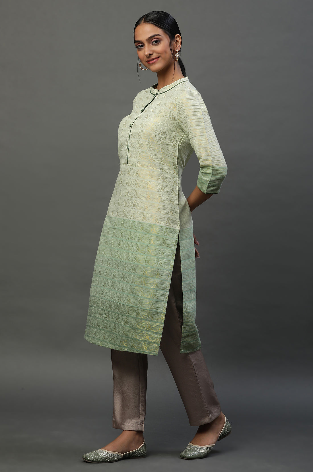 Green Geometric Print Zari Straight Cotton Kurta