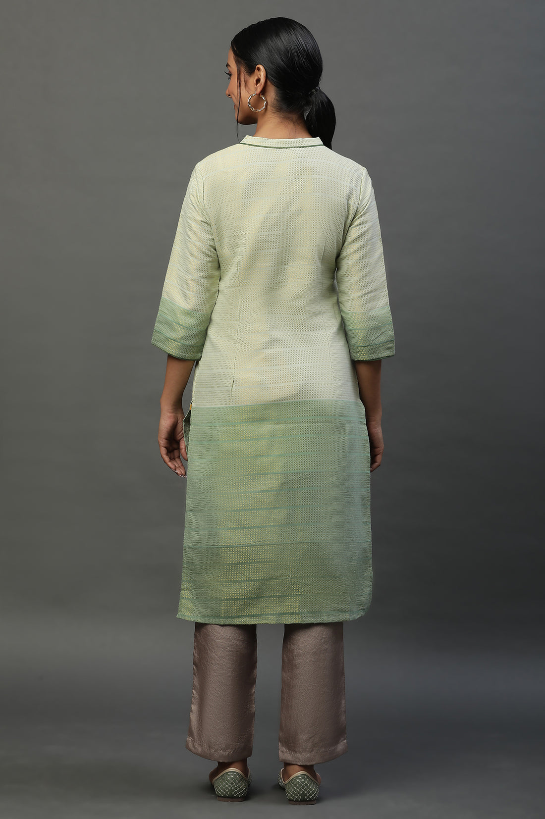 Green Geometric Print Zari Straight Cotton Kurta