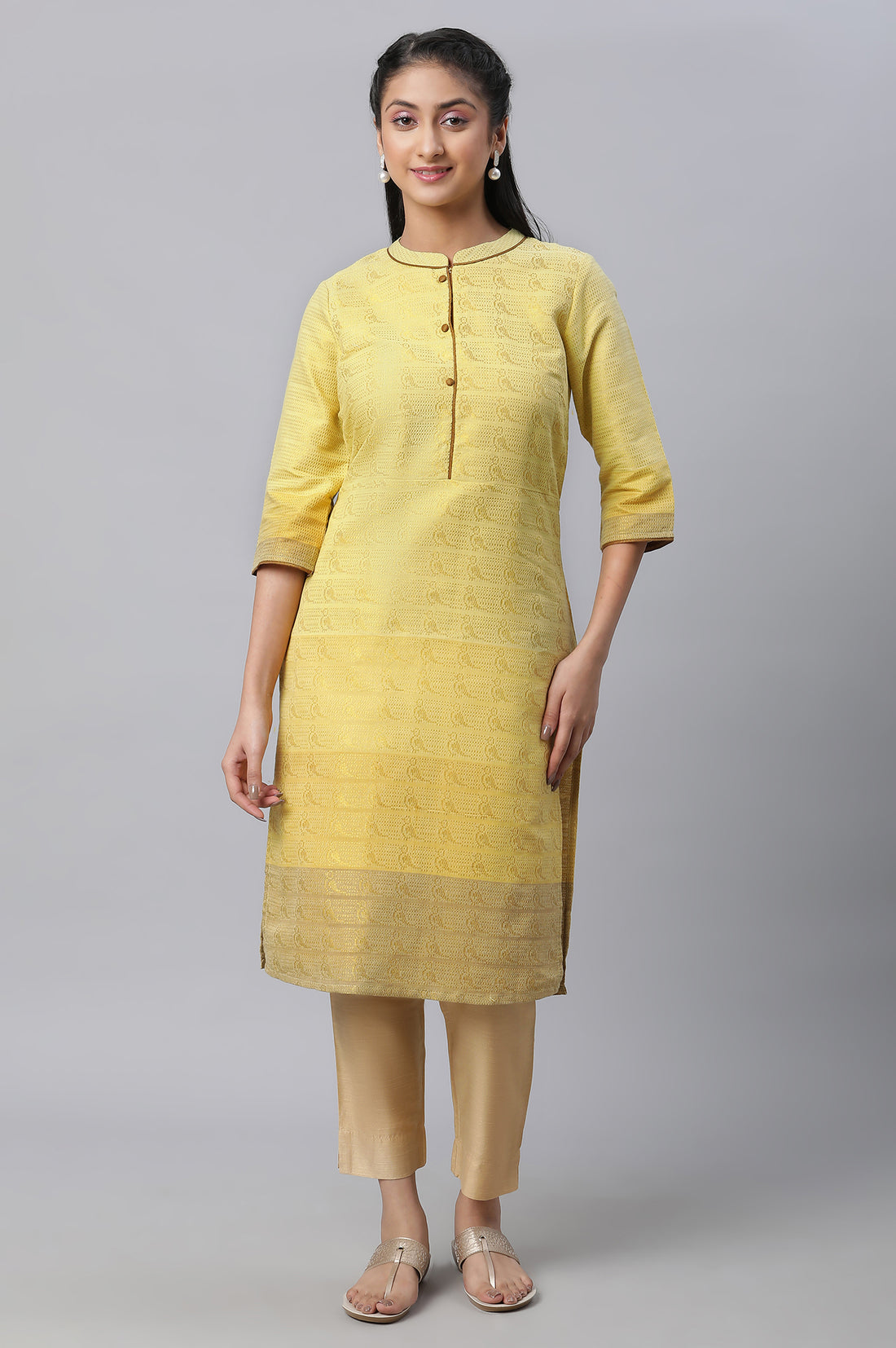 Yellow Geometric Print Zari Straight Cotton Kurta