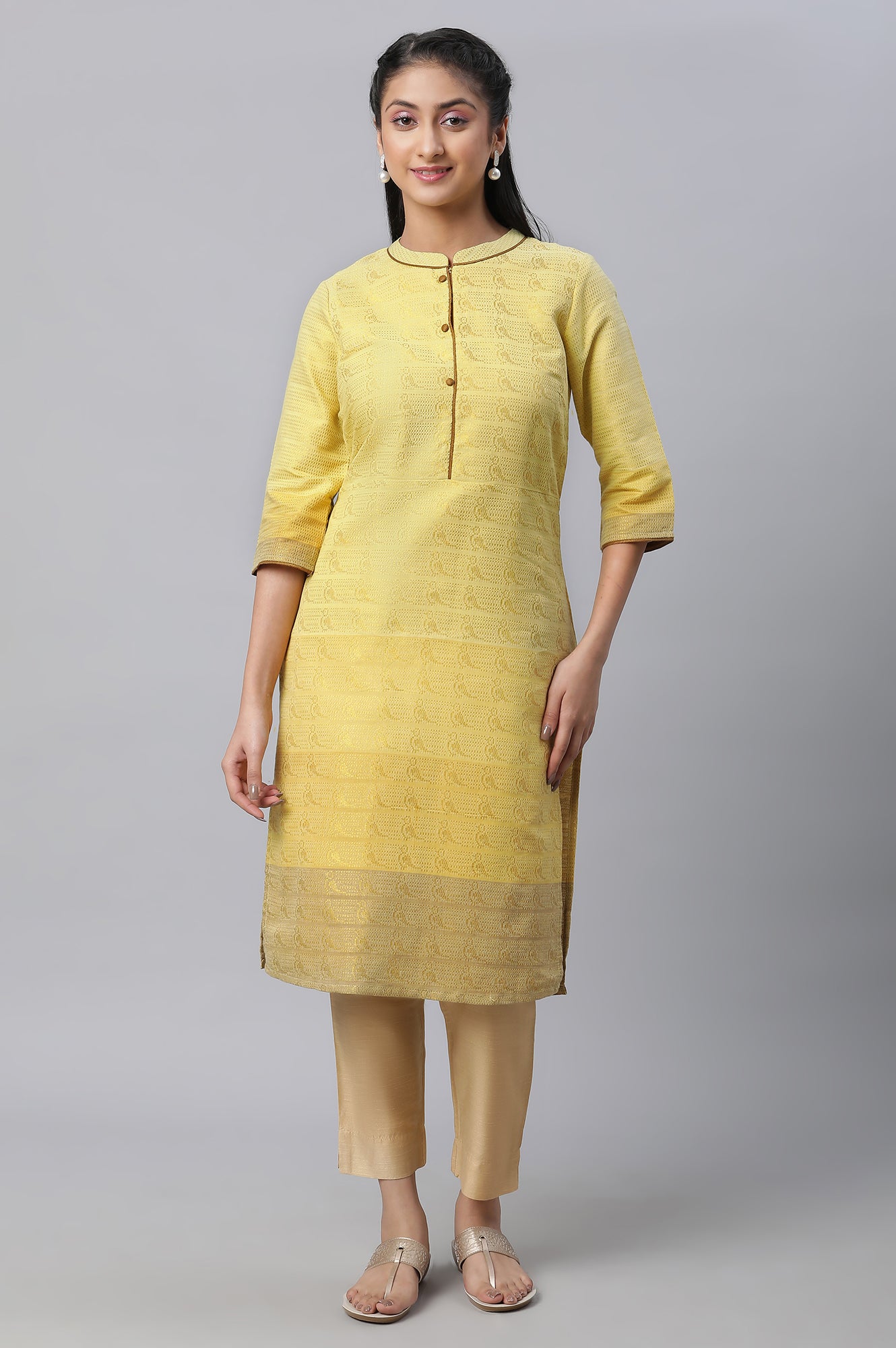 Yellow Geometric Print Zari Straight Cotton Kurta