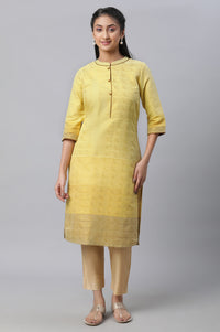 Yellow Geometric Print Zari Straight Cotton Kurta