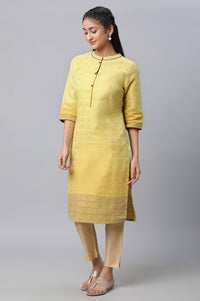 Yellow Geometric Print Zari Straight Cotton Kurta