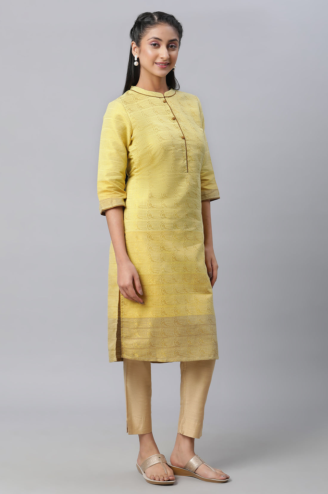 Yellow Geometric Print Zari Straight Cotton Kurta