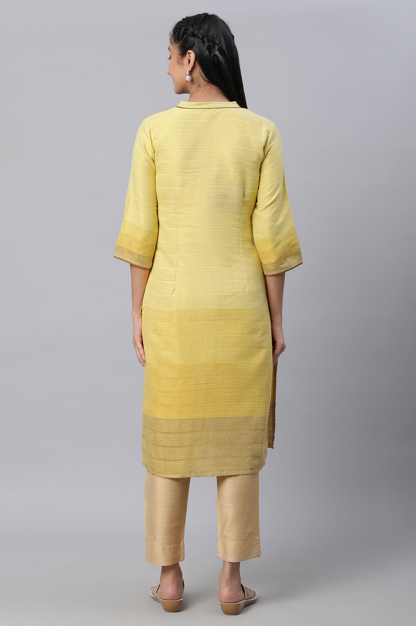 Yellow Geometric Print Zari Straight Cotton Kurta
