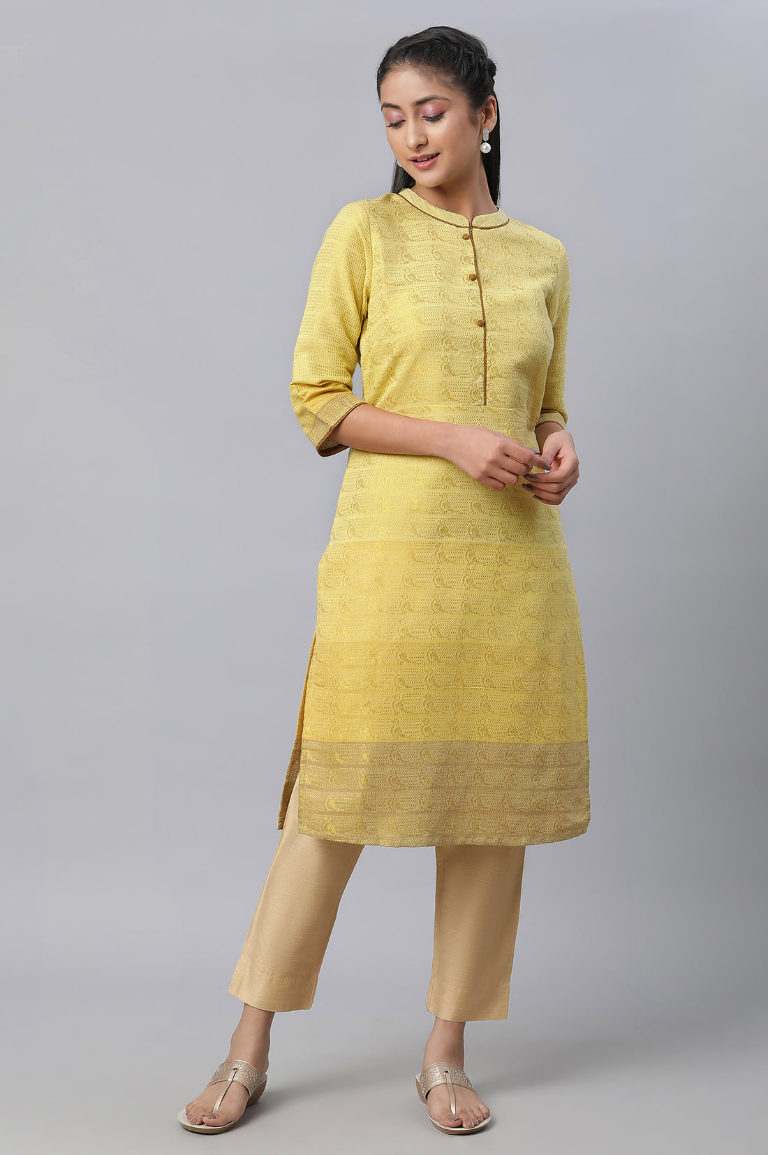 Yellow Geometric Print Zari Straight Cotton Kurta