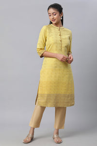 Yellow Geometric Print Zari Straight Cotton Kurta