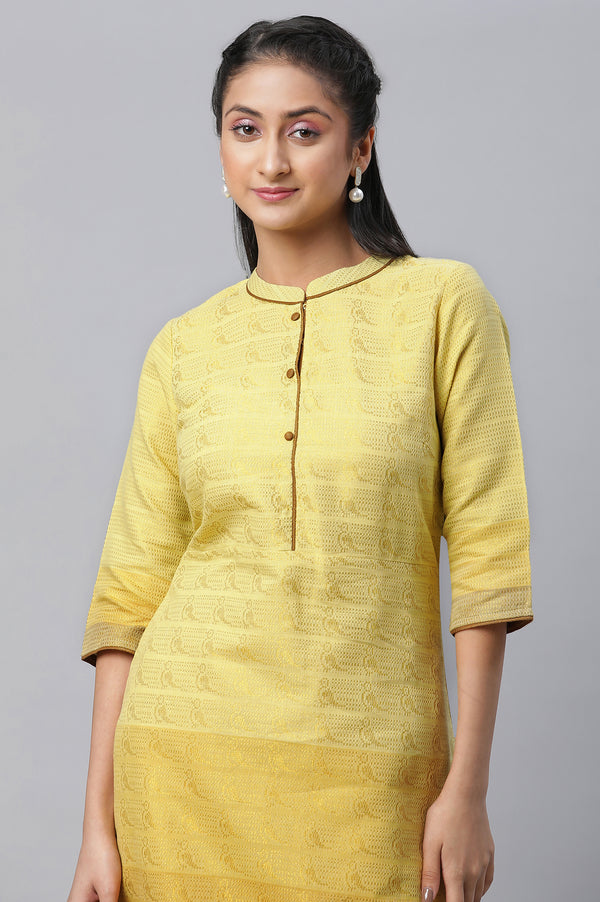 Yellow Geometric Print Zari Straight Cotton Kurta
