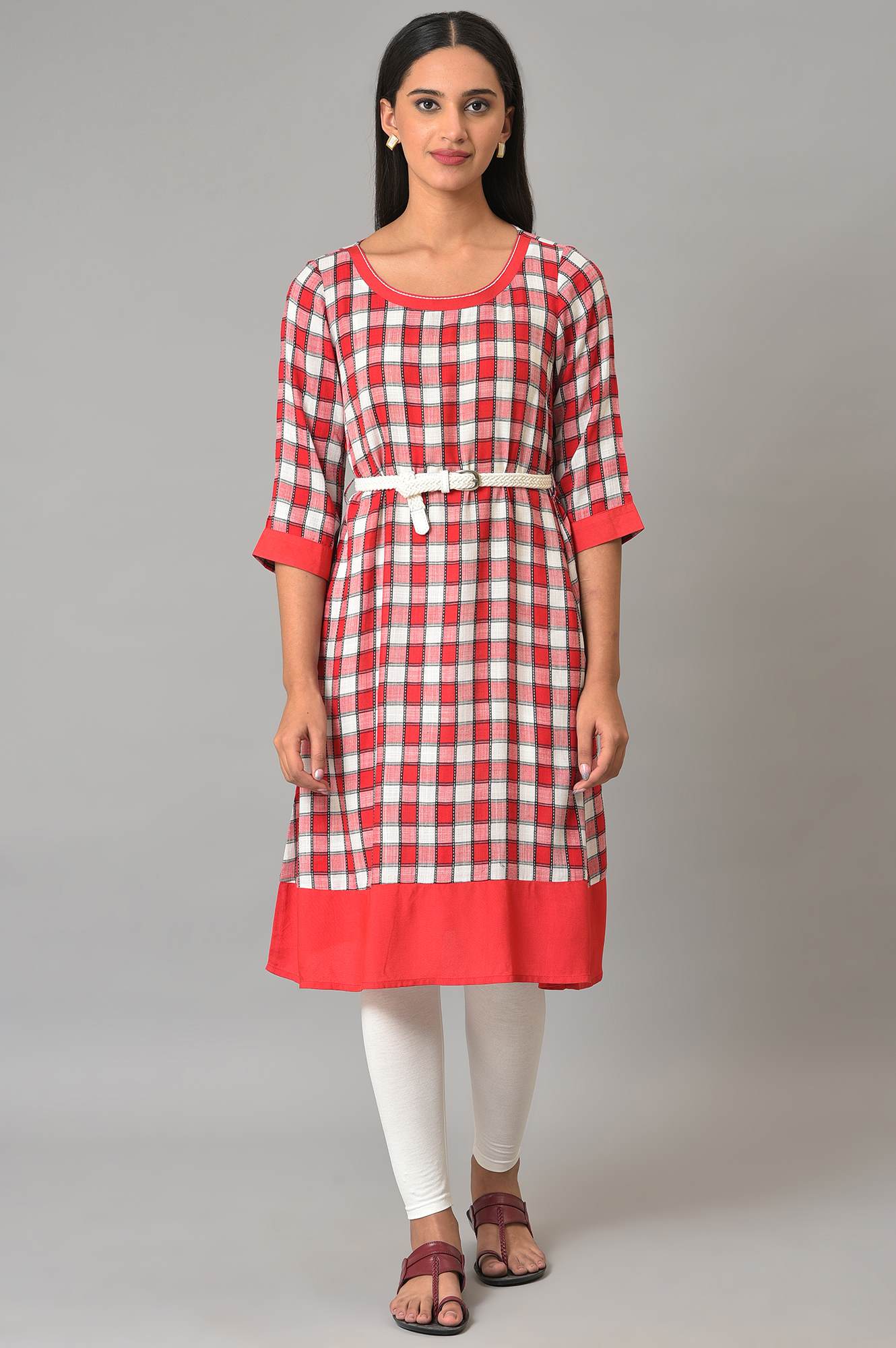 Red Checker Dobby kurta With Belt