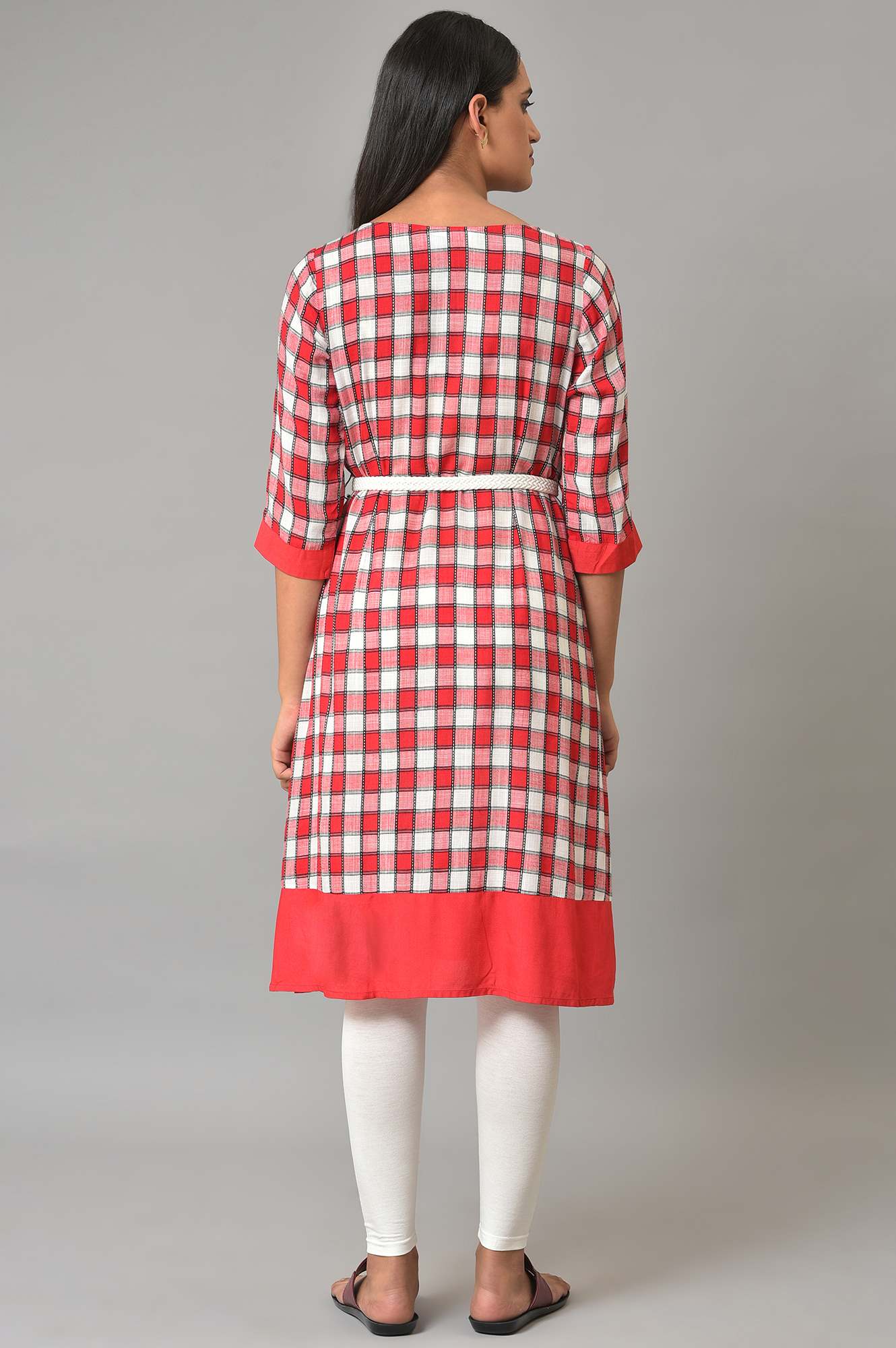 Red Checker Dobby kurta With Belt